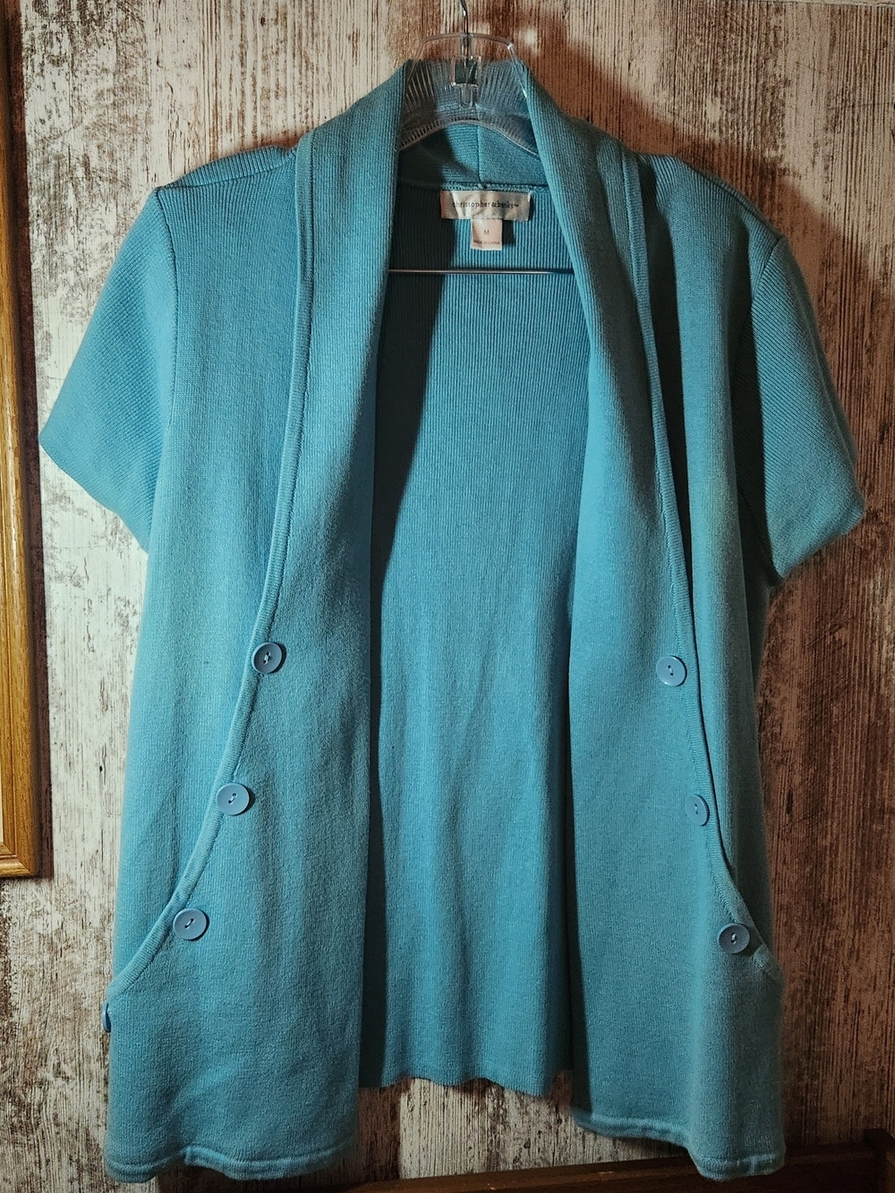 Christopher & Banks Teal Aqua Short-Sleeve Open Cardigan Pockets Button Accents